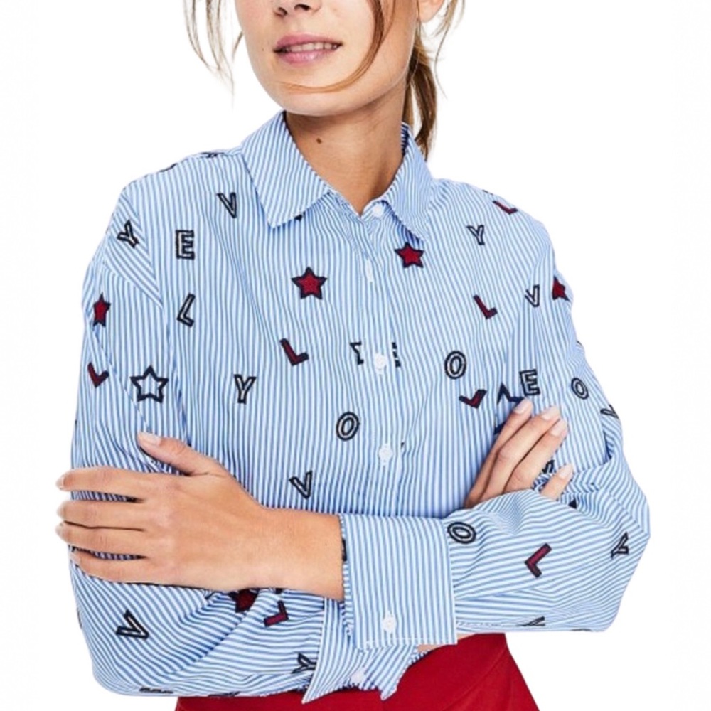 Boden Lovely Embroidered Maria Button button down Oxford Blue White Stripes 18